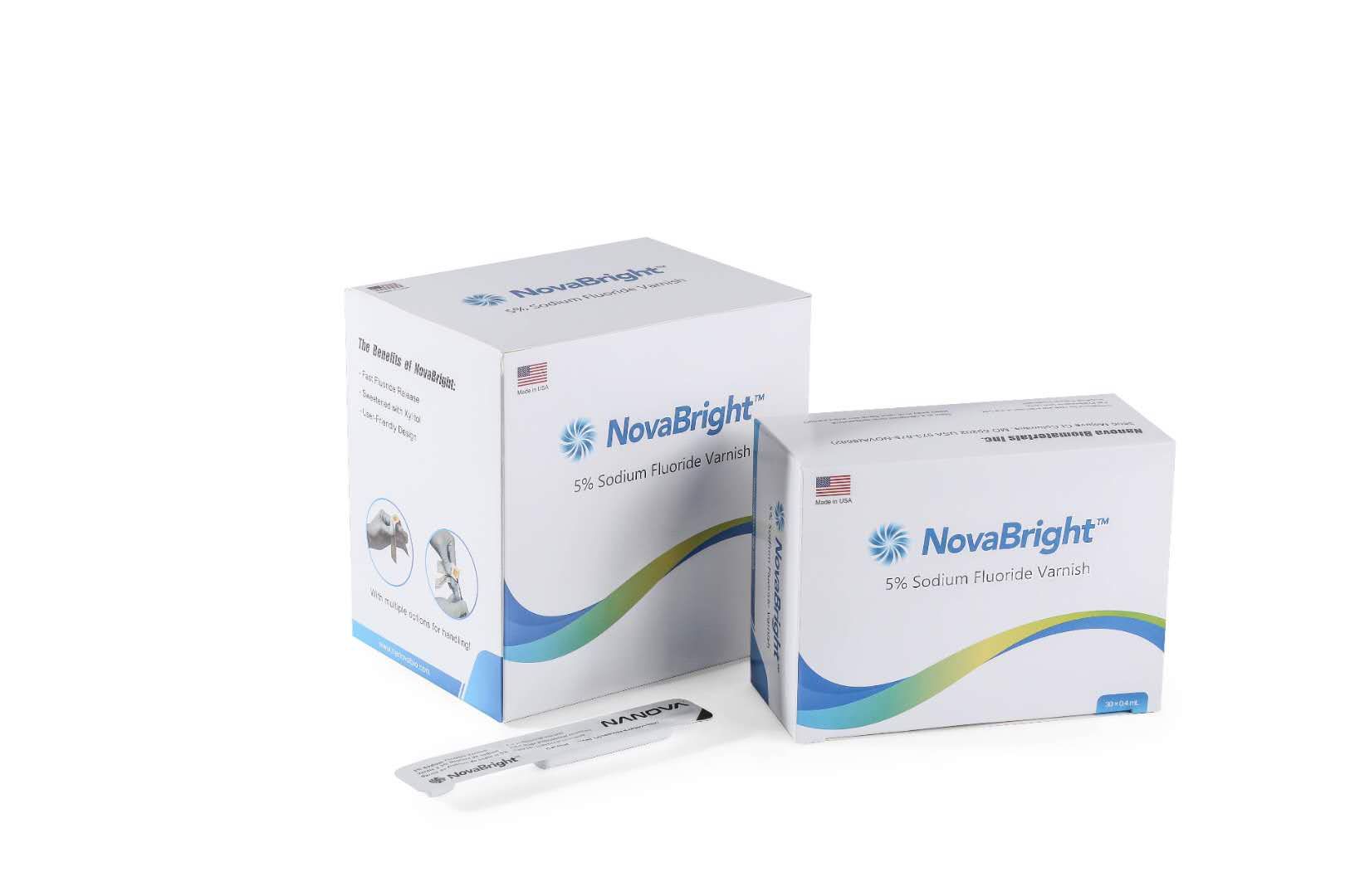 NovaBright™ 5% Sodium Fluoride Varnish is an in-office topical fluoride preparation for use as a cavity varnish and for the treatment of dentin hypersensitivity. The brush applicator included in every unit makes NovaBright™ an easy product for use in busy dental offices. Patients are able to leave immediately after treatment. The 30ct and 250ct box are available to all dental offices.