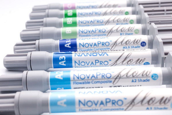 NovaPro™ universal composites incorporate patented nanofiber technology, in conjunction with nanoparticles, for maximum strength, and limited flaws. The texture with superior flexural and comprehensive strengths has a excellent handling properties and high strain resistance. It requires less water absorption due to high percentage of material cured. There are several shades you can select to match your patients’ teeth. 