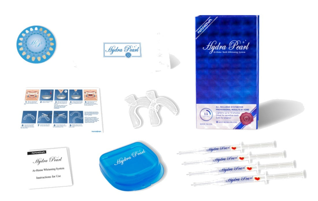 Our take home teeth whitening kit has all the tools needed for a smooth and easy application. The shade guide helps patients track whitening progress. It includes 4*1.6 g Syringes, 2 Trays, 1 Tray Box.