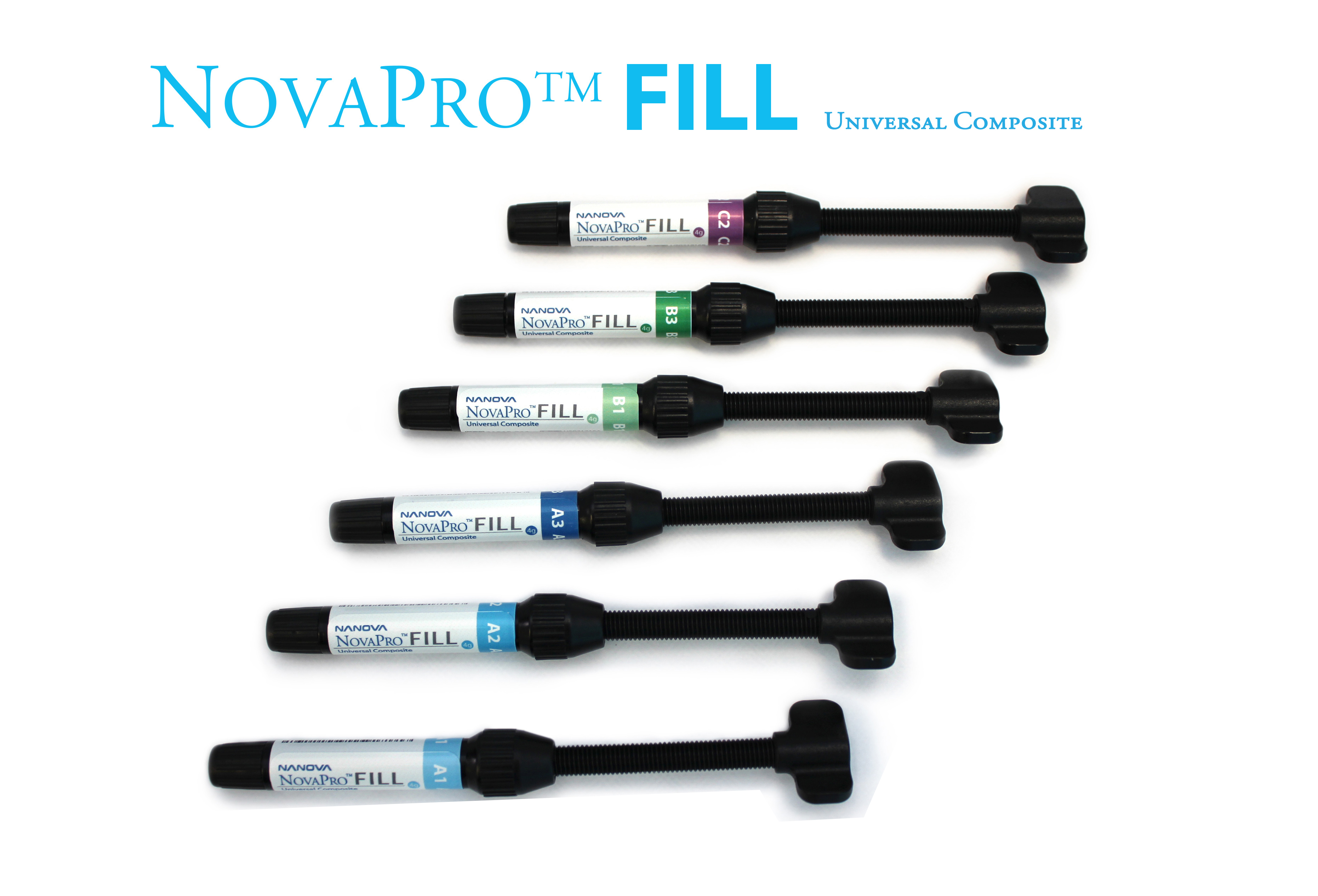 NovaPro™ universal composites incorporate patented nanofiber technology, in conjunction with nanoparticles, for maximum strength, and limited flaws. The texture with superior flexural and comprehensive strengths has a excellent handling properties and high strain resistance. It requires less water absorption due to high percentage of material cured. There are several shades you can select to match your patients teeth. 