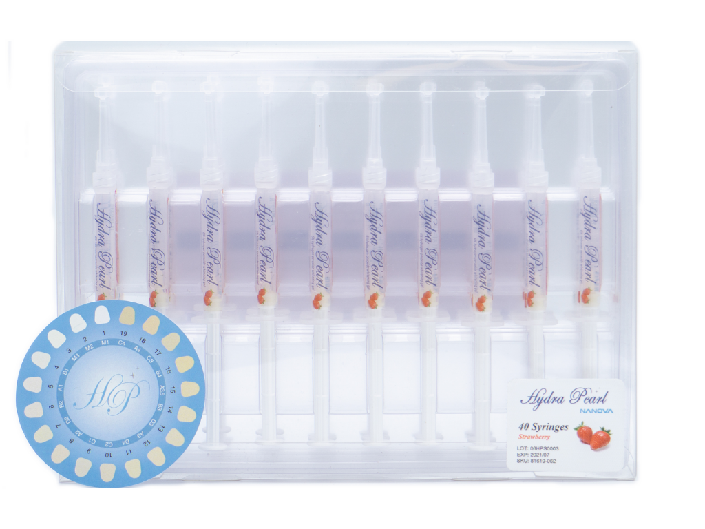 Hydra Pearl™ is a professional at-home tooth whitening gel, specially formulated to whiten teeth quickly, effectively, while minimizing tooth sensitivity. Our clear gel helps remove tooth discolorations and visibly whitens teeth in half the time of most leading brand at-home whitening gels. It helps reduce sensitivity from potassium nitrate and sodium fluoride.