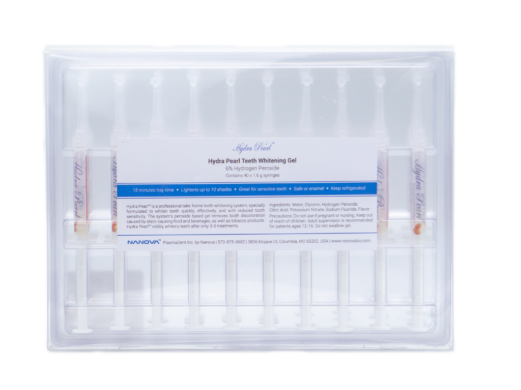 Hydra Pearl™ is a professional at-home tooth whitening gel, specially formulated to whiten teeth quickly, effectively, while minimizing tooth sensitivity. Our clear gel helps remove tooth discolorations and visibly whitens teeth in half the time of most leading brand at-home whitening gels. It helps reduce sensitivity from potassium nitrate and sodium fluoride. Mint and Strawberry are the most popular flavors.