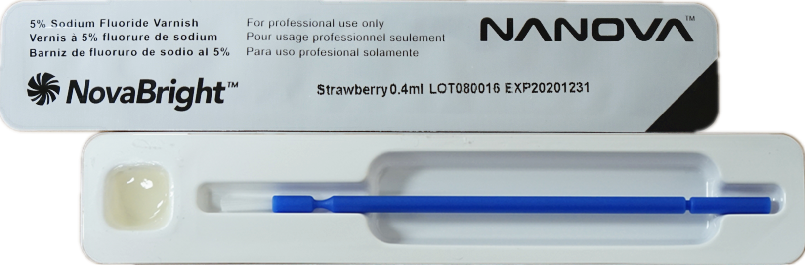 NovaBright™ 5% Sodium Fluoride Varnish is an in-office topical fluoride preparation for use as a cavity varnish and for the treatment of dentin hypersensitivity. The brush applicator included in every unit makes NovaBright™ an easy product for use in busy dental offices. Patients are able to leave immediately after treatment. Our mild formula helps to avoid the majority of side effect.